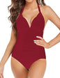 A collage of six swimsuits in various colors: black, pink, green, red, purple, and blue, each with a halter neck design.