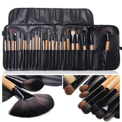 A set of 24 makeup brushes with wooden handles and synthetic bristles, displayed both in their case and separately.