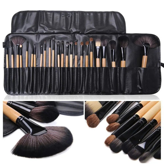 A set of 24 makeup brushes with wooden handles and synthetic bristles, displayed both in their case and separately.
