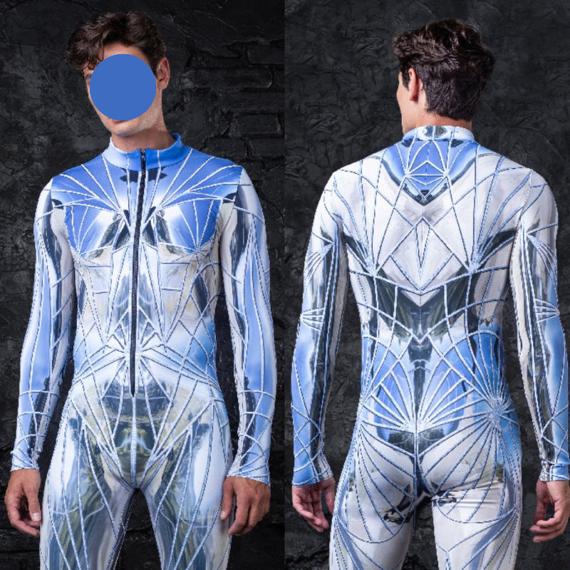 A person wearing a long sleeve jumpsuit with a geometric pattern in blue and silver tones.