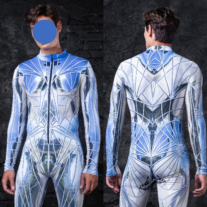 A person wearing a long sleeve jumpsuit with a geometric pattern in blue and silver tones.