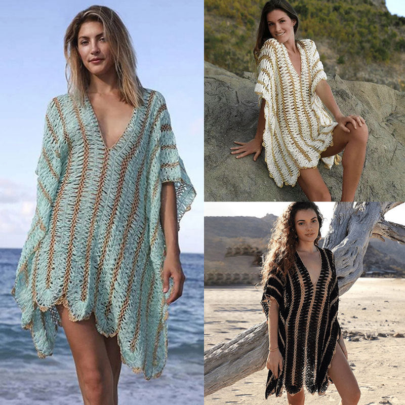 Three different women modeling knitted crochet beach blouses in various colors, with the beach in the background.