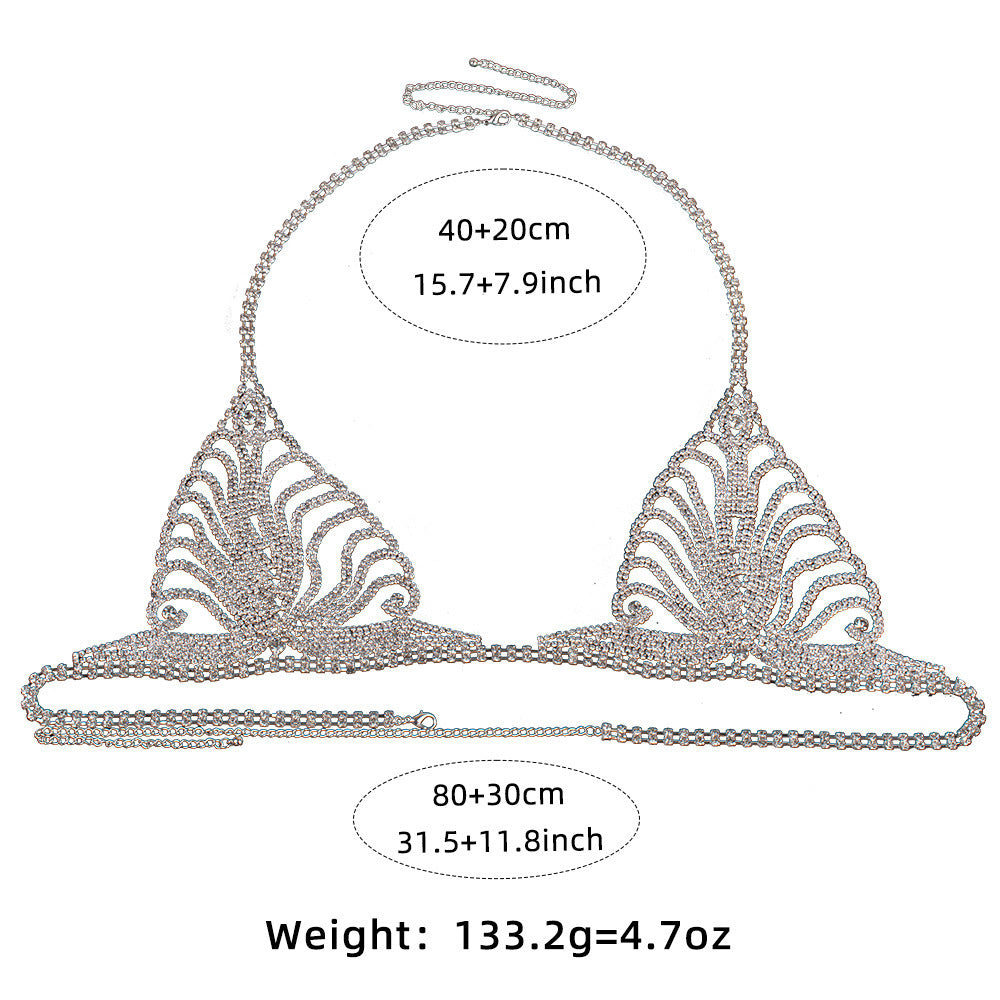 Silver chainmaille bra with measurements and weight on a white background