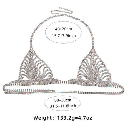 Silver chainmaille bra with measurements and weight on a white background