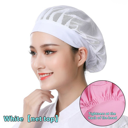 A person wearing a white mesh fitted chef cap with an adjustable tie at the back of the head.