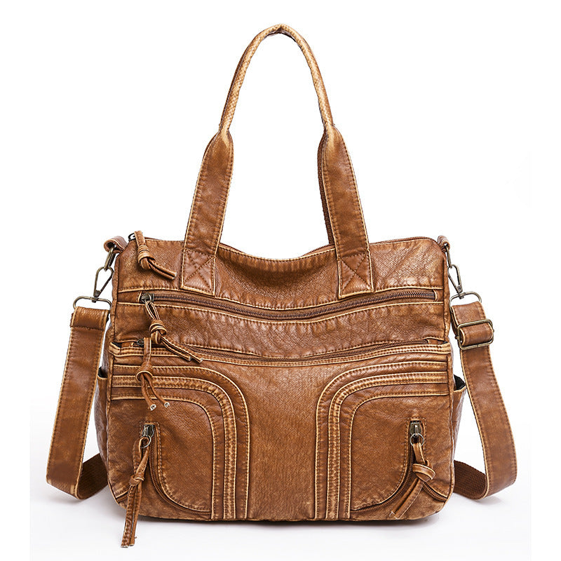 Women's Retro Washed Tote Bag – Soft Vegan-Friendly Imitation Leather Multi-Pocket Shoulder Handbag