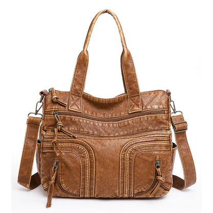 Women's Retro Washed Tote Bag – Soft Vegan-Friendly Imitation Leather Multi-Pocket Shoulder Handbag
