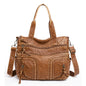 Women's Retro Washed Tote Bag – Soft Vegan-Friendly Imitation Leather Multi-Pocket Shoulder Handbag