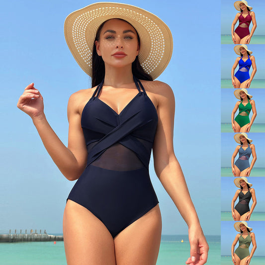 A collage of one-piece swimsuits in various solid colors, with a halter-neck and cross-strap design, worn by a woman posing by the beach.
