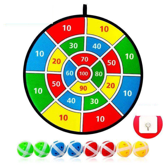 A colorful dartboard with fruit and cartoon animal illustrations, accompanied by eight multicolored balls and a red hook for indoor play.