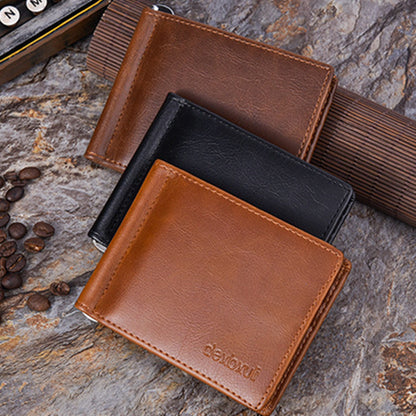 Three leather wallets in black, dark brown, and light brown colors, displayed on a textured surface with coffee beans scattered around.