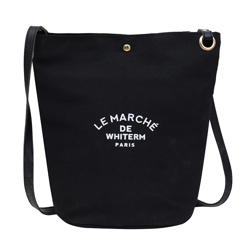 Women's Canvas Bucket Shoulder Bag – Minimalist Letter Print Crossbody Purse