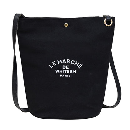 Women's Canvas Bucket Shoulder Bag – Minimalist Letter Print Crossbody Purse