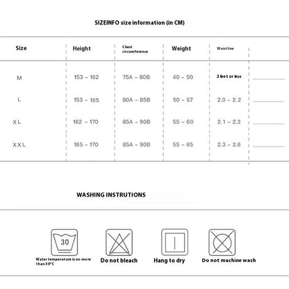 Size chart and washing instructions for clothing.
