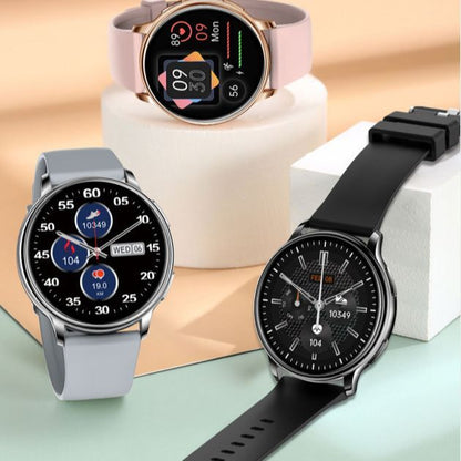 Three smart watches displayed in different colors with various features showcased, such as heart rate monitoring, sports activities, and notifications.