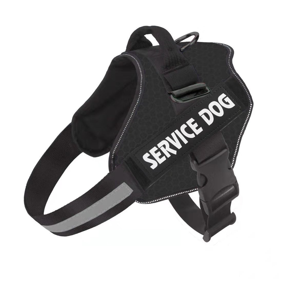 A black dog harness with 'SERVICE DOG' text printed on the back, equipped with adjustable straps and a buckle.
