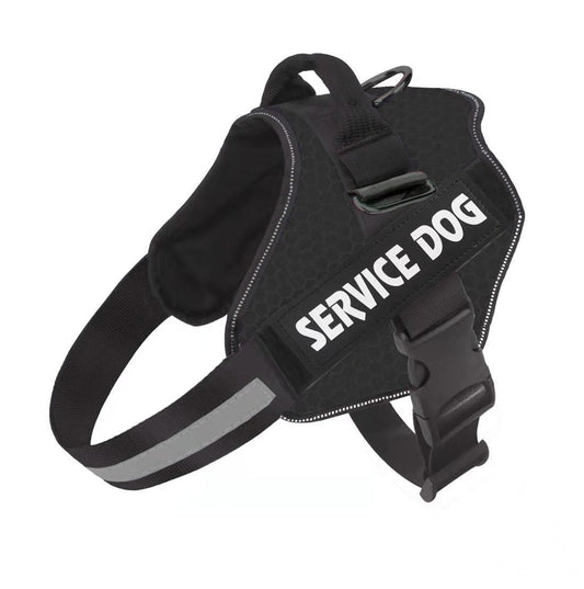A black dog harness with 'SERVICE DOG' text printed on the back, equipped with adjustable straps and a buckle.