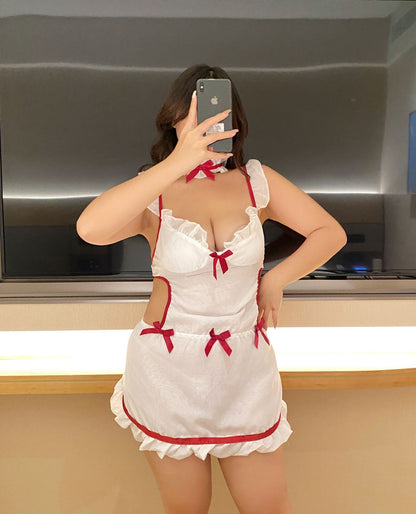Maid Apron Lingerie Set – Hollow-Out Chiffon Uniform with Collar, Skirt & Thong