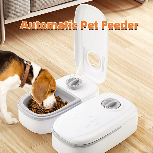 An automatic pet feeder with a white plastic base and a transparent bowl, showing a dog eating from it.