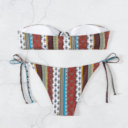 Patterned bikini set on a white textured background