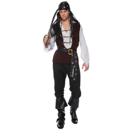 A man dressed in a pirate costume with a headscarf, vest, pants, leg covers, and a belt.
