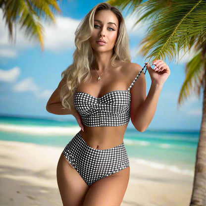 Women's Plaid High-Waist Bikini Set – Two-Piece Swimsuit with Underwire Top & Swim Briefs