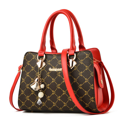 Women's Printed Satchel Handbag – Vegan-Friendly Imitation Leather Shoulder Bag with Contrast Trim & Charm