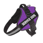 A black dog harness with 'SERVICE DOG' text printed on the back, equipped with adjustable straps and a buckle.