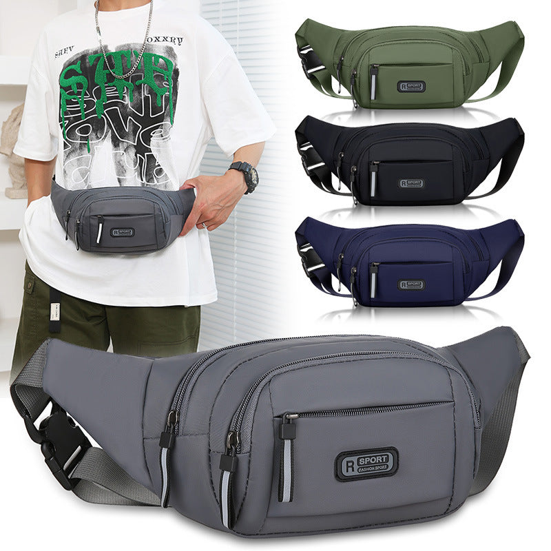 A collage of four men's multifunctional waist bags in green, blue, black, and gray colors, displayed against a white background.