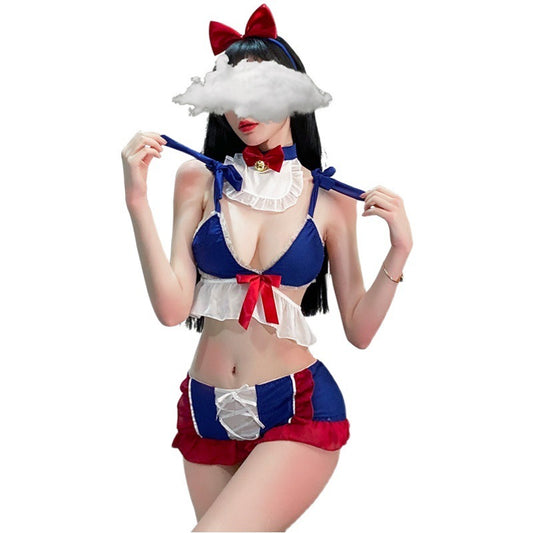 A person wearing a sexy lingerie bow costume with a mini skirt and lace details, predominantly in red, white, and blue colors, resembling a student uniform.