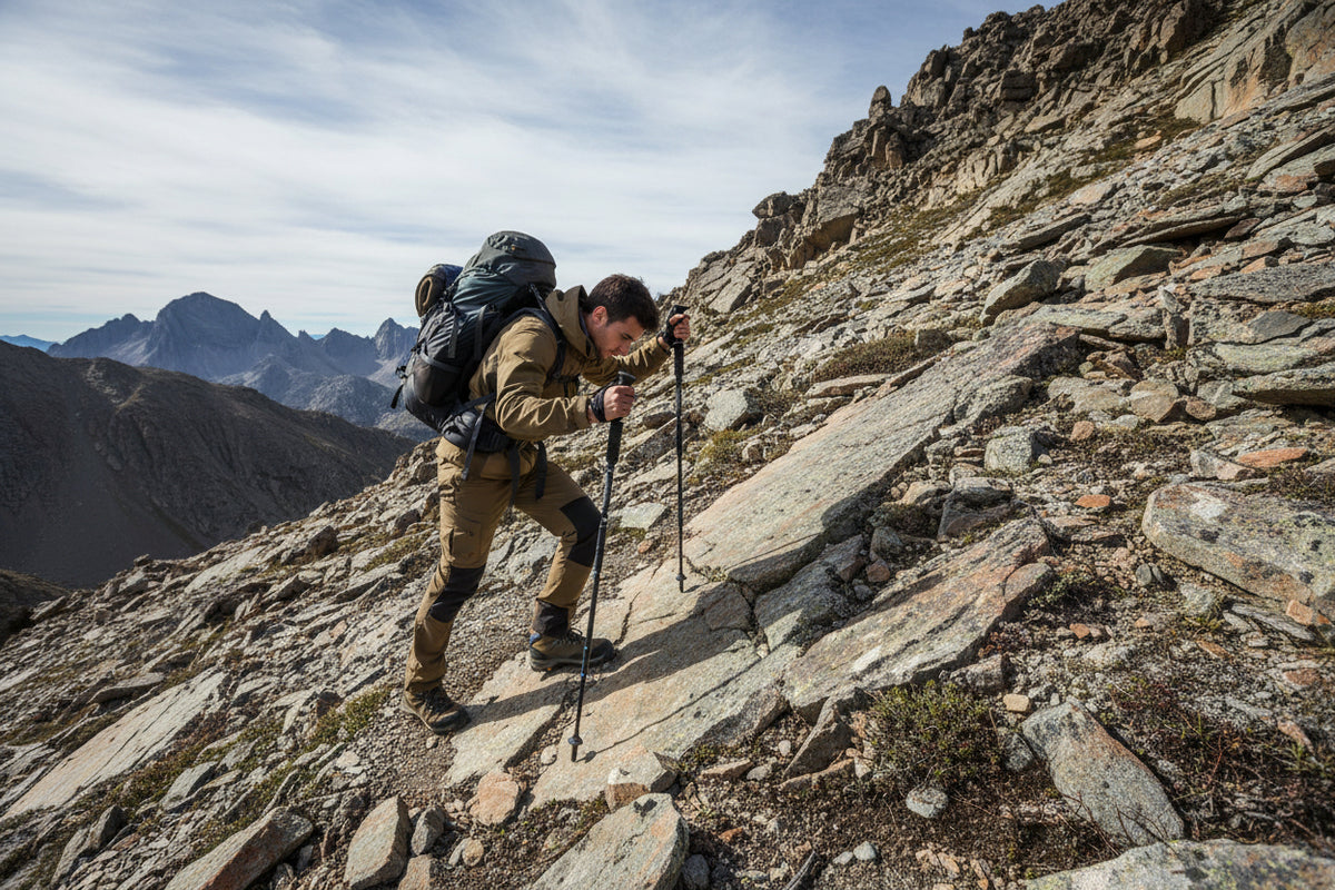 Two black Newcastle four-section straight trekking poles with accessories including two mud drags and a carrying bag.
