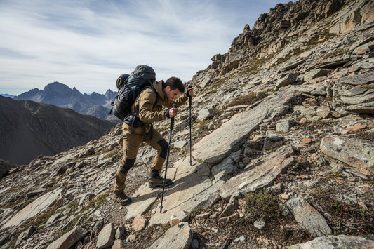 Two black Newcastle four-section straight trekking poles with accessories including two mud drags and a carrying bag.