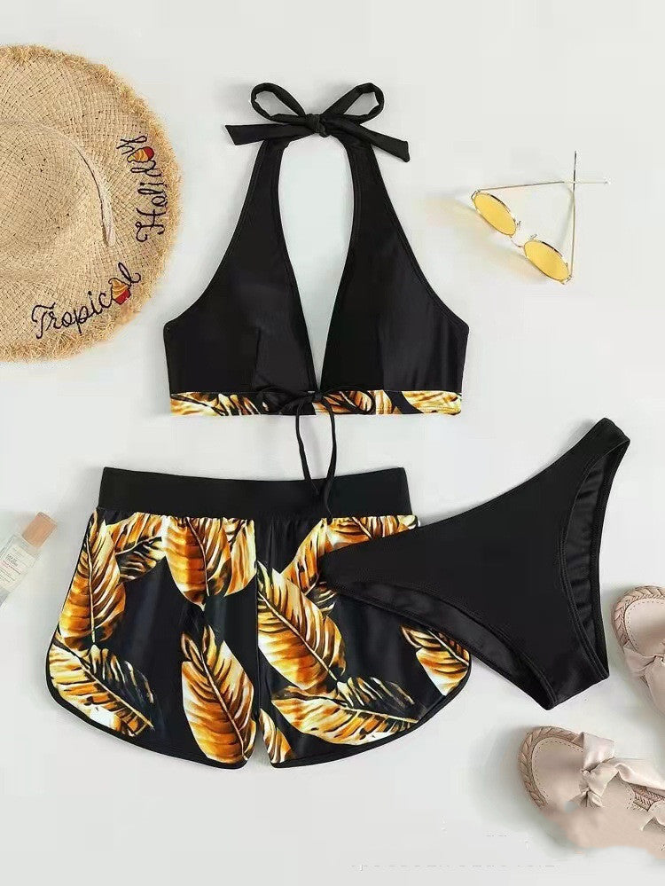 Women's 3-Piece Bikini Set with Shorts – Printed Summer Beach Swimsuit