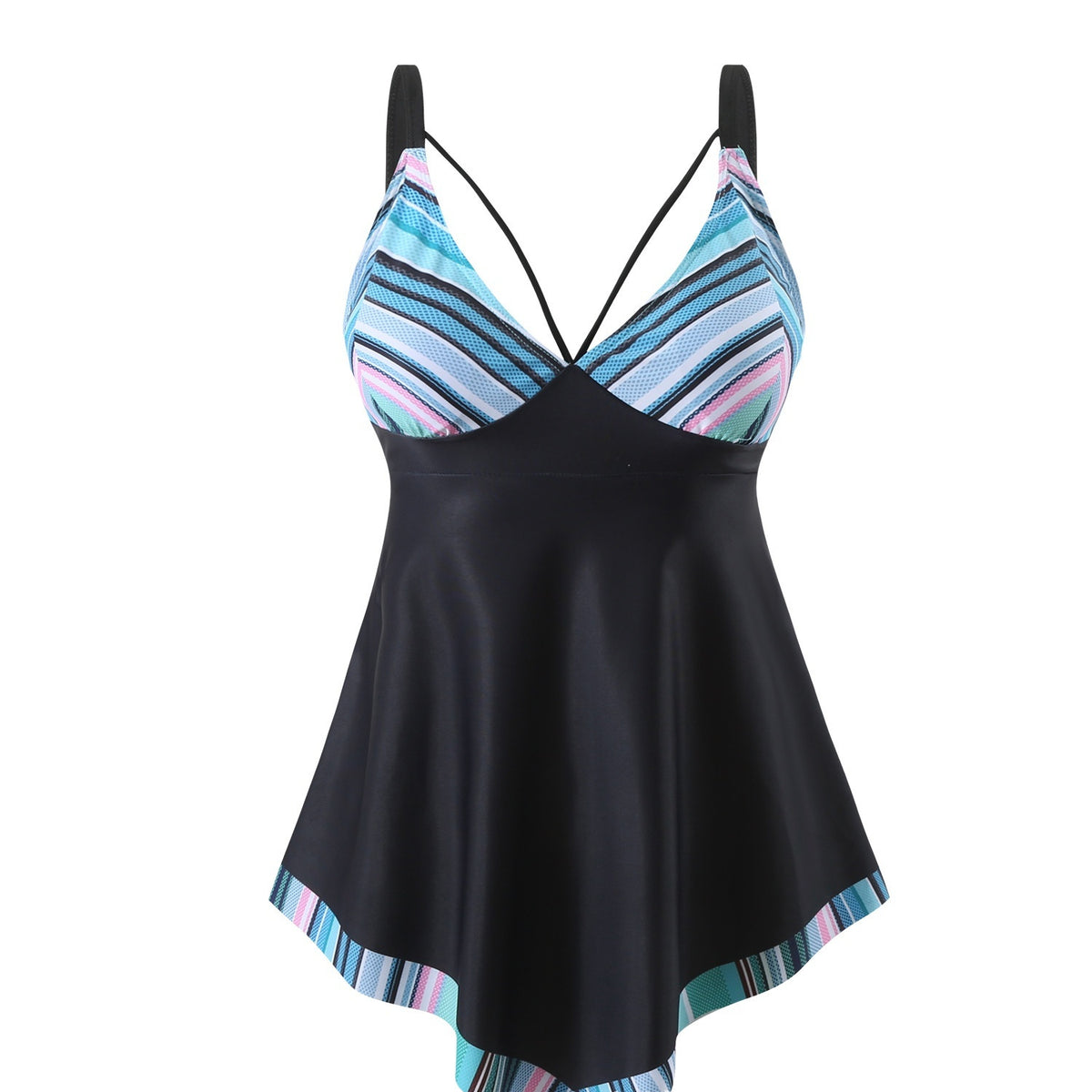 A model wearing a plus-size two-piece swimsuit in blue with white stripes, designed for swimming and wading.