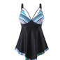 A model wearing a plus-size two-piece swimsuit in blue with white stripes, designed for swimming and wading.