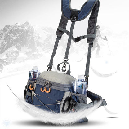 A blue and gray fanny pack with multiple compartments and shoulder straps, displayed against a mountainous backdrop.