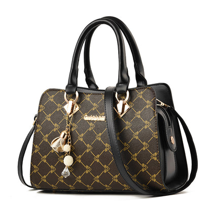 Women's Printed Satchel Handbag – Vegan-Friendly Imitation Leather Shoulder Bag with Contrast Trim & Charm