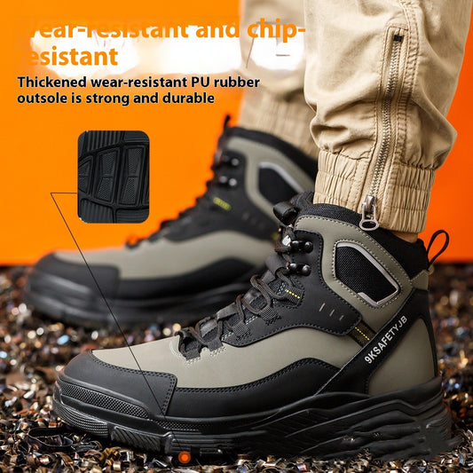 A pair of gray and black protective work boots with a lace-up closure, featuring a thick wear-resistant rubber outsole.