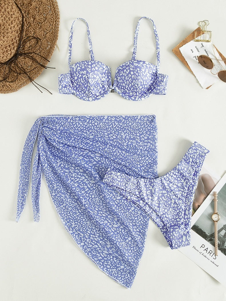 3-Piece Floral Bikini Set with Beach Skirt — 7 Colors, S–L