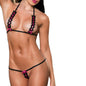 The image features a lingerie set which includes a halter neck top and a three-point lace panty, showcased in a collage format. The top is detailed with intricate lace and adorned with vibrant pink accents, while the panty coordinate offers a playful design with a heart applique in a contrasting color.