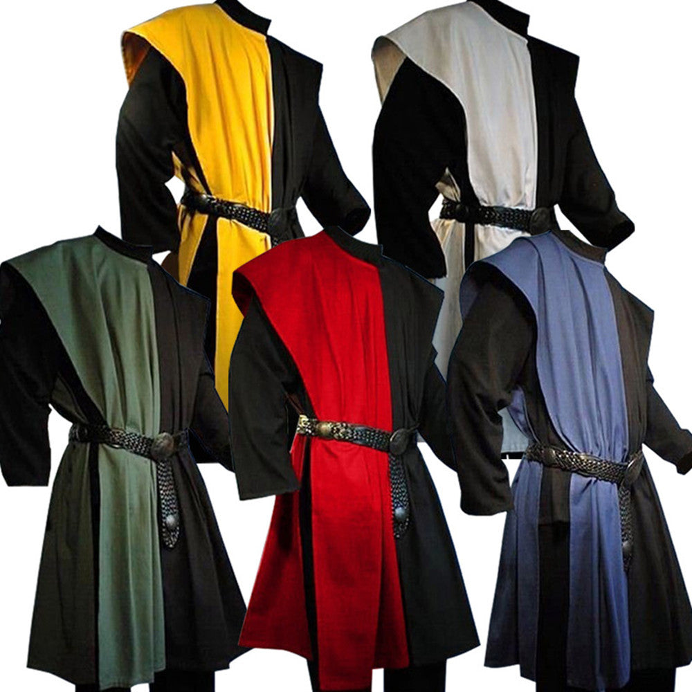 A collection of men's sleeveless medieval vests in various colors including yellow, green, red, blue, and white, each with a solid pattern and designed for cosplay and costume wear.