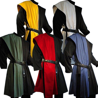 A collection of men's sleeveless medieval vests in various colors including yellow, green, red, blue, and white, each with a solid pattern and designed for cosplay and costume wear.