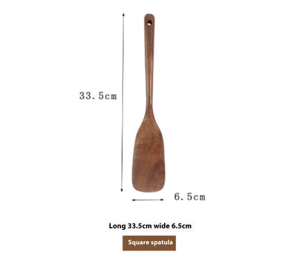 Wooden spatula with dimensions labeled on a white background