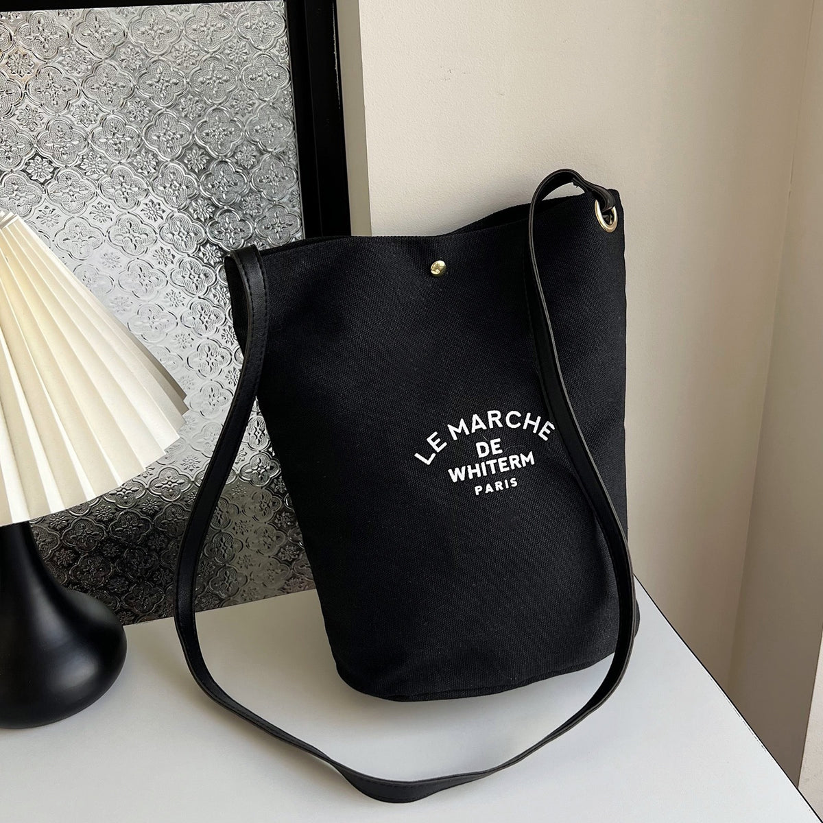 Women's Canvas Bucket Shoulder Bag – Minimalist Letter Print Crossbody Purse