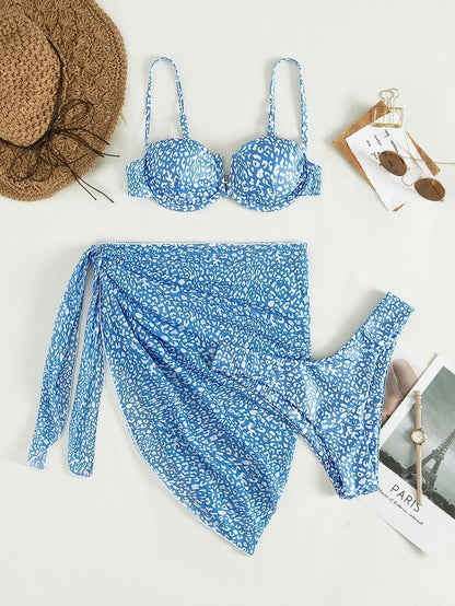 3-Piece Floral Bikini Set with Beach Skirt — 7 Colors, S–L