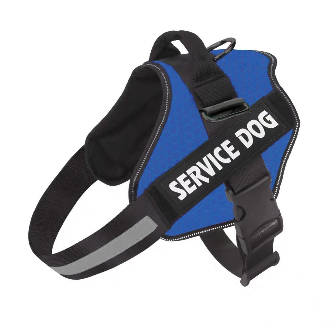 A black dog harness with 'SERVICE DOG' text printed on the back, equipped with adjustable straps and a buckle.
