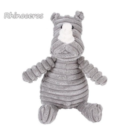 Plush rhinoceros toy with a striped pattern on a white background