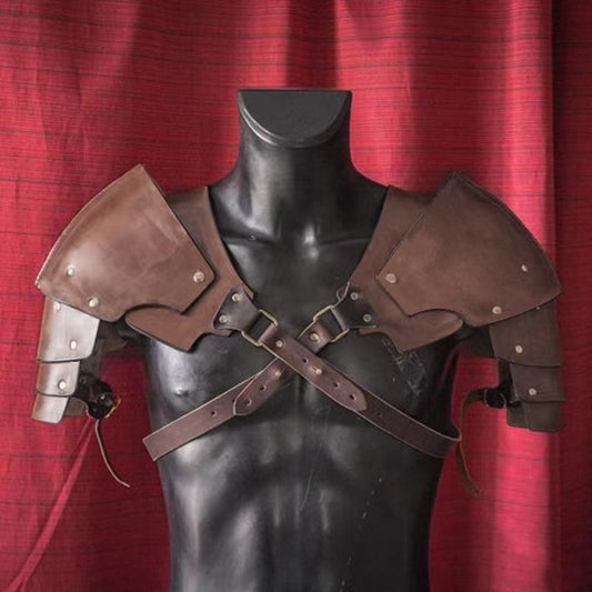 A pair of brown synthetic leather shoulder pads with metal buckles, designed for cosplay and costume activities, displayed on a mannequin.