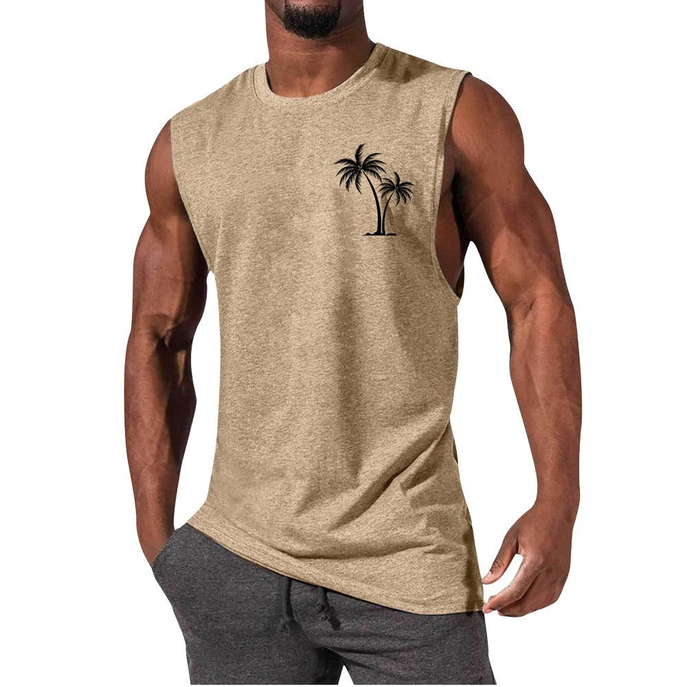 Men's Coconut Tree Embroidery Beach Tank Top – Summer Muscle Workout Shirt