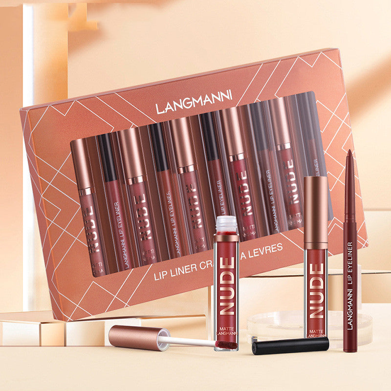 A collection of lip makeup products including six matte lipsticks and six lip liner pens by LANGMANNI, displayed in a set with packaging.